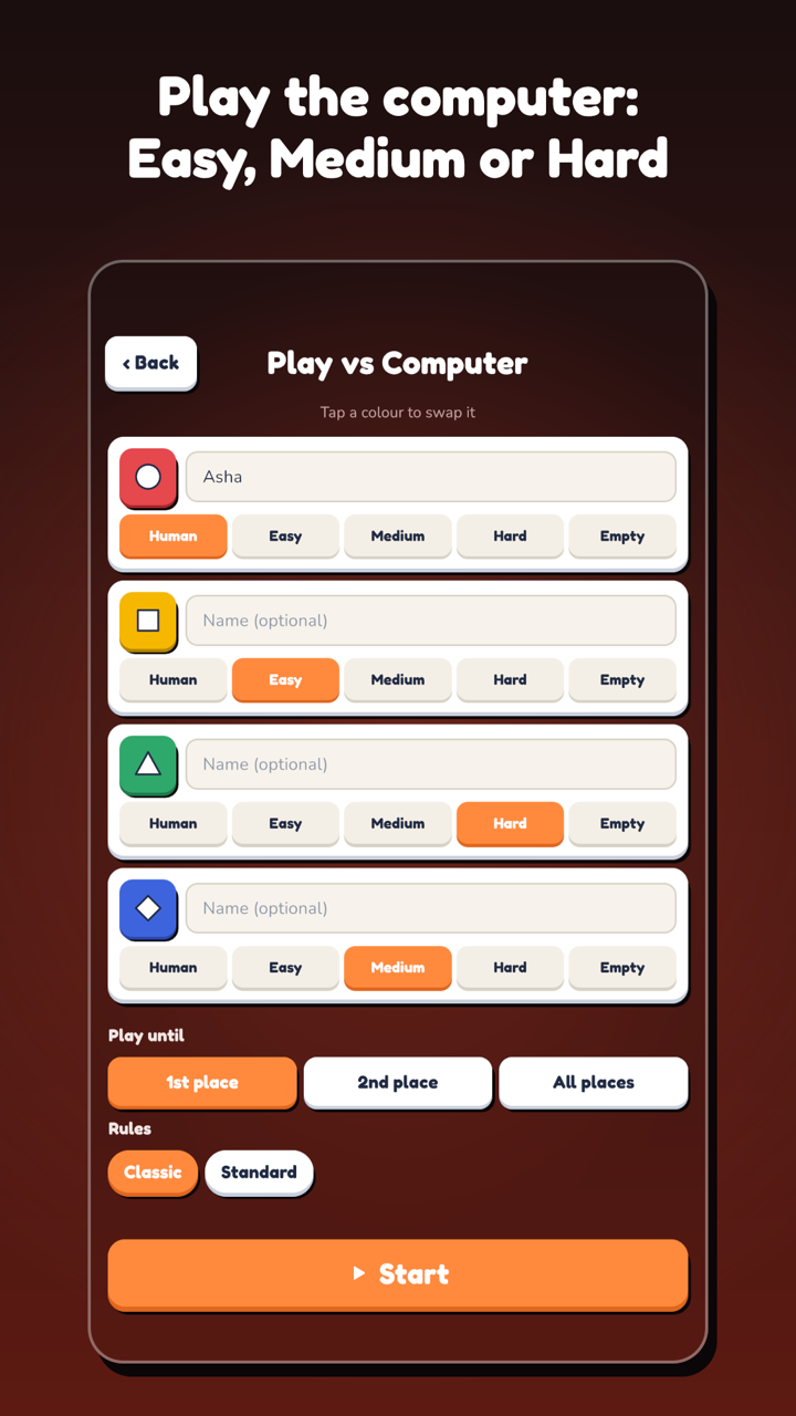 Play the computer: Easy, Medium or Hard. Game setup: one human player and three computer players set to Easy, Medium and Hard
